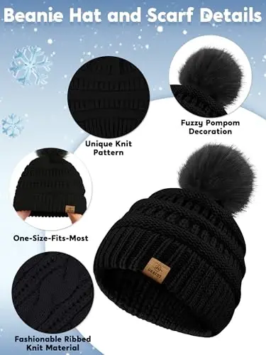 URATOT 4-In-1 Winter Warm Sets Knitted Scarf Touch Screen Gloves Beanie Pompom Hat and Winter Ear Warmer for Men or Women - 2