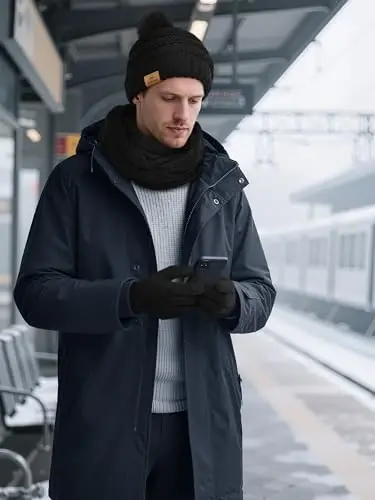 URATOT 4-In-1 Winter Warm Sets Knitted Scarf Touch Screen Gloves Beanie Pompom Hat and Winter Ear Warmer for Men or Women - 3