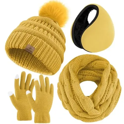 URATOT 4-In-1 Winter Warm Sets Knitted Scarf Touch Screen Gloves Beanie Pompom Hat and Winter Ear Warmer for Men or Women - 1
