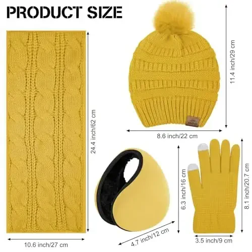 URATOT 4-In-1 Winter Warm Sets Knitted Scarf Touch Screen Gloves Beanie Pompom Hat and Winter Ear Warmer for Men or Women - 2