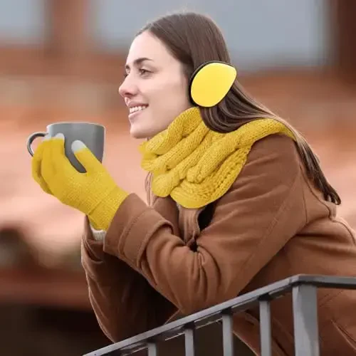 URATOT 4-In-1 Winter Warm Sets Knitted Scarf Touch Screen Gloves Beanie Pompom Hat and Winter Ear Warmer for Men or Women - 6