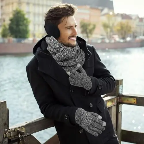 URATOT 4-In-1 Winter Warm Sets Knitted Scarf Touch Screen Gloves Beanie Pompom Hat and Winter Ear Warmer for Men or Women - 5