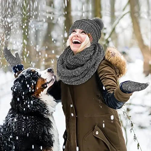 URATOT 4-In-1 Winter Warm Sets Knitted Scarf Touch Screen Gloves Beanie Pompom Hat and Winter Ear Warmer for Men or Women - 6