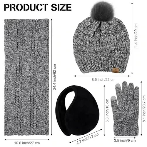 URATOT 4-In-1 Winter Warm Sets Knitted Scarf Touch Screen Gloves Beanie Pompom Hat and Winter Ear Warmer for Men or Women - 2