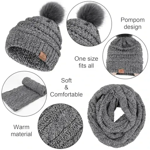 URATOT 4-In-1 Winter Warm Sets Knitted Scarf Touch Screen Gloves Beanie Pompom Hat and Winter Ear Warmer for Men or Women - 3