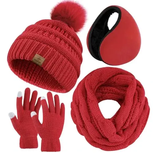 URATOT 4-In-1 Winter Warm Sets Knitted Scarf Touch Screen Gloves Beanie Pompom Hat and Winter Ear Warmer for Men or Women 