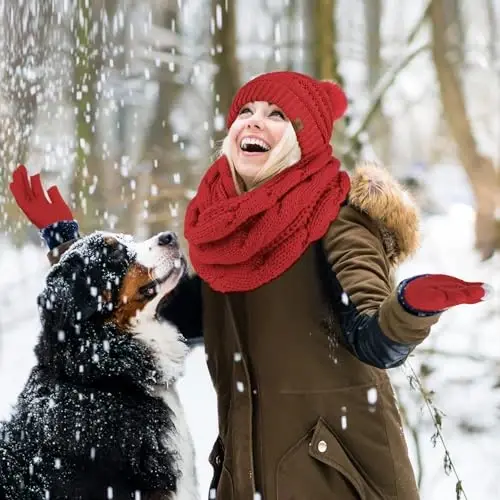 URATOT 4-In-1 Winter Warm Sets Knitted Scarf Touch Screen Gloves Beanie Pompom Hat and Winter Ear Warmer for Men or Women - 5
