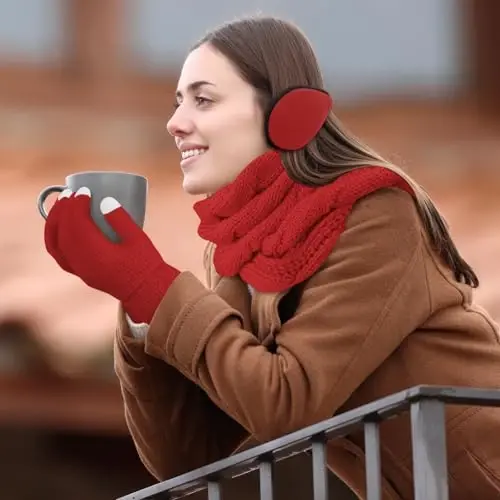 URATOT 4-In-1 Winter Warm Sets Knitted Scarf Touch Screen Gloves Beanie Pompom Hat and Winter Ear Warmer for Men or Women - 6