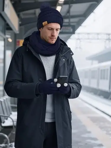 URATOT 4-In-1 Winter Warm Sets Knitted Scarf Touch Screen Gloves Beanie Pompom Hat and Winter Ear Warmer for Men or Women 