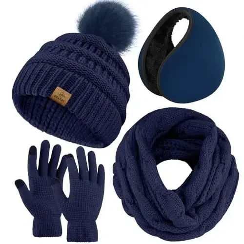 URATOT 4-In-1 Winter Warm Sets Knitted Scarf Touch Screen Gloves Beanie Pompom Hat and Winter Ear Warmer for Men or Women 
