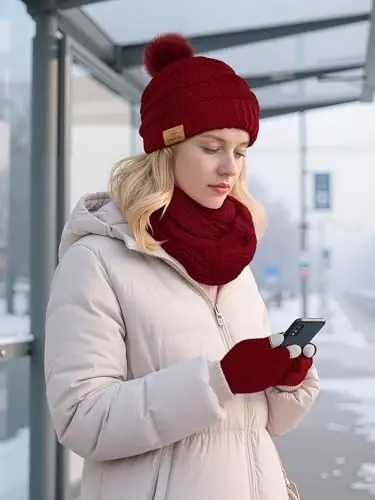 URATOT 4-In-1 Winter Warm Sets Knitted Scarf Touch Screen Gloves Beanie Pompom Hat and Winter Ear Warmer for Men or Women 