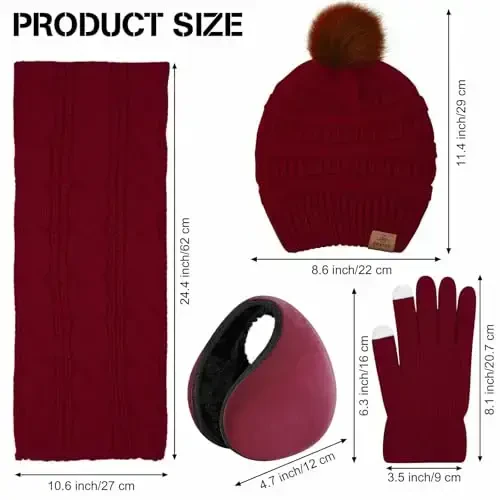 URATOT 4-In-1 Winter Warm Sets Knitted Scarf Touch Screen Gloves Beanie Pompom Hat and Winter Ear Warmer for Men or Women - 4