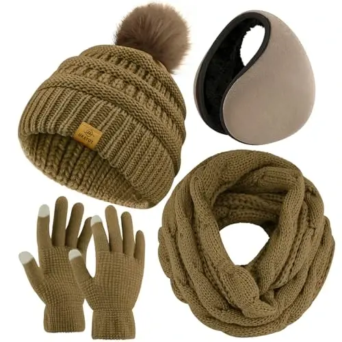 URATOT 4-In-1 Winter Warm Sets Knitted Scarf Touch Screen Gloves Beanie Pompom Hat and Winter Ear Warmer for Men or Women 