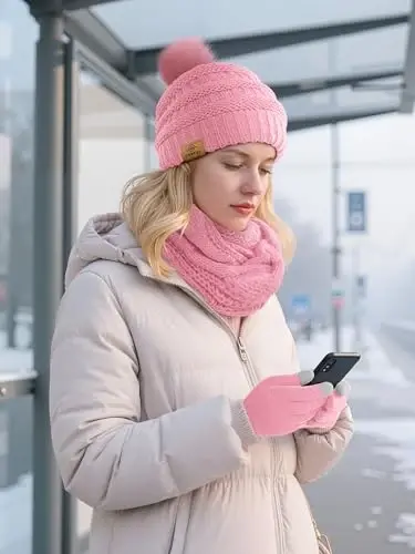 URATOT 4-In-1 Winter Warm Sets Knitted Scarf Touch Screen Gloves Beanie Pompom Hat and Winter Ear Warmer for Men or Women 