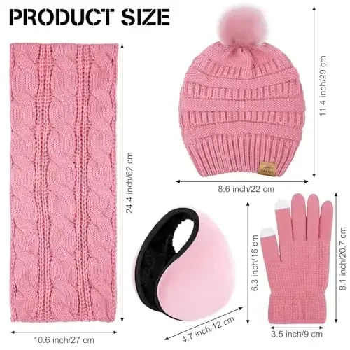URATOT 4-In-1 Winter Warm Sets Knitted Scarf Touch Screen Gloves Beanie Pompom Hat and Winter Ear Warmer for Men or Women - 2