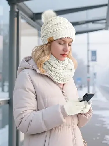 URATOT 4-In-1 Winter Warm Sets Knitted Scarf Touch Screen Gloves Beanie Pompom Hat and Winter Ear Warmer for Men or Women 