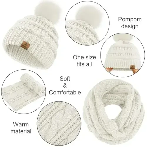 URATOT 4-In-1 Winter Warm Sets Knitted Scarf Touch Screen Gloves Beanie Pompom Hat and Winter Ear Warmer for Men or Women - 4