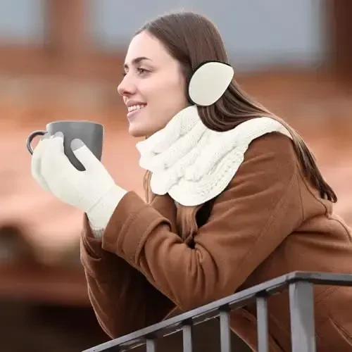 URATOT 4-In-1 Winter Warm Sets Knitted Scarf Touch Screen Gloves Beanie Pompom Hat and Winter Ear Warmer for Men or Women - 6