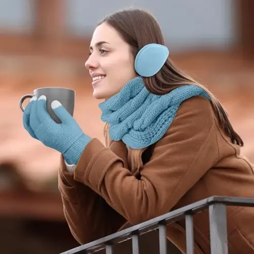 URATOT 4-In-1 Winter Warm Sets Knitted Scarf Touch Screen Gloves Beanie Pompom Hat and Winter Ear Warmer for Men or Women - 5