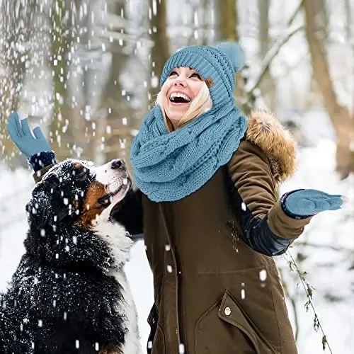 URATOT 4-In-1 Winter Warm Sets Knitted Scarf Touch Screen Gloves Beanie Pompom Hat and Winter Ear Warmer for Men or Women - 6
