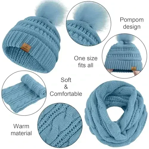 URATOT 4-In-1 Winter Warm Sets Knitted Scarf Touch Screen Gloves Beanie Pompom Hat and Winter Ear Warmer for Men or Women - 3