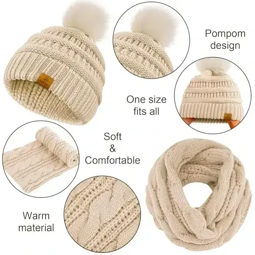 URATOT 4-In-1 Winter Warm Sets Knitted Scarf Touch Screen Gloves Beanie Pompom Hat and Winter Ear Warmer for Men or Women - 4
