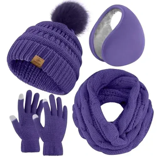 URATOT 4-In-1 Winter Warm Sets Knitted Scarf Touch Screen Gloves Beanie Pompom Hat and Winter Ear Warmer for Men or Women - 1