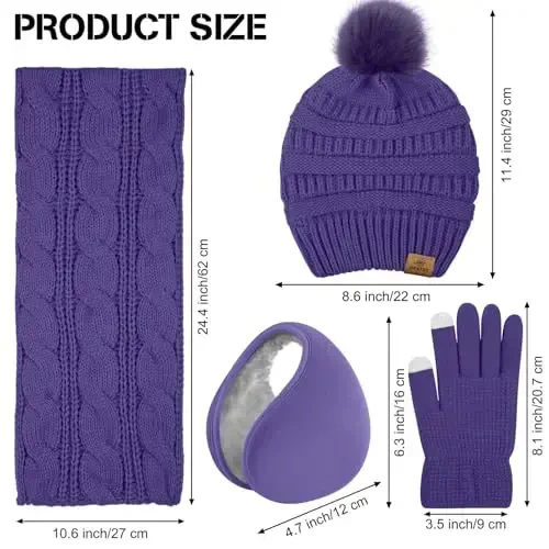 URATOT 4-In-1 Winter Warm Sets Knitted Scarf Touch Screen Gloves Beanie Pompom Hat and Winter Ear Warmer for Men or Women - 4