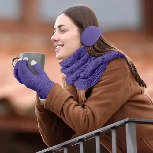 URATOT 4-In-1 Winter Warm Sets Knitted Scarf Touch Screen Gloves Beanie Pompom Hat and Winter Ear Warmer for Men or Women - 6