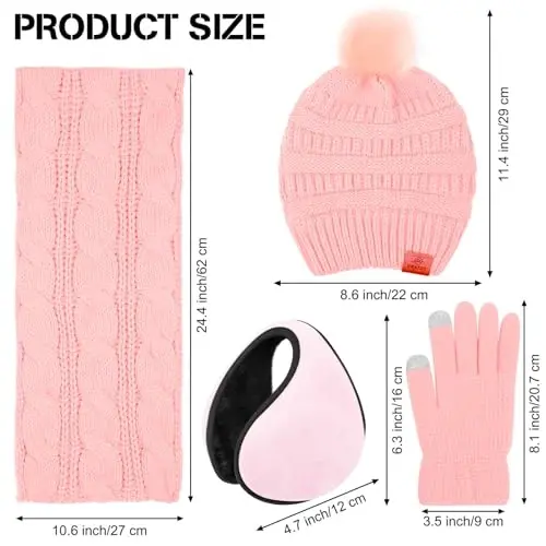 URATOT 4-In-1 Winter Warm Sets Knitted Scarf Touch Screen Gloves Beanie Pompom Hat and Winter Ear Warmer for Men or Women - 2