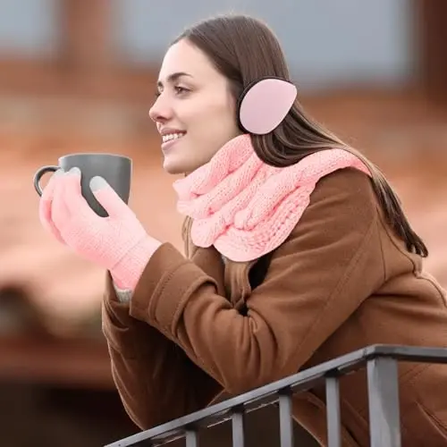 URATOT 4-In-1 Winter Warm Sets Knitted Scarf Touch Screen Gloves Beanie Pompom Hat and Winter Ear Warmer for Men or Women - 6