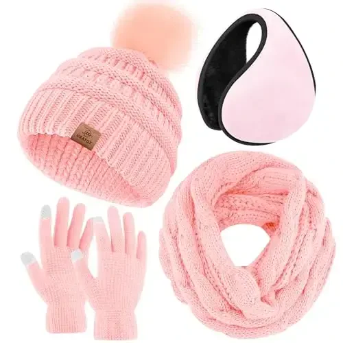 URATOT 4-In-1 Winter Warm Sets Knitted Scarf Touch Screen Gloves Beanie Pompom Hat and Winter Ear Warmer for Men or Women - URATOT