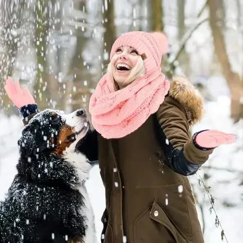 URATOT 4-In-1 Winter Warm Sets Knitted Scarf Touch Screen Gloves Beanie Pompom Hat and Winter Ear Warmer for Men or Women - 5