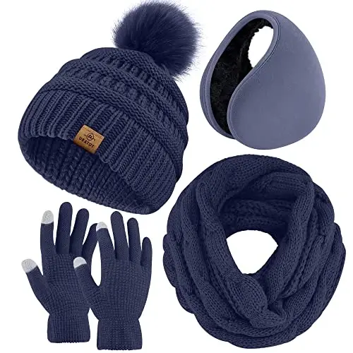 URATOT 4-In-1 Winter Warm Sets Knitted Scarf Touch Screen Gloves Beanie Pompom Hat and Winter Ear Warmer for Men or Women 