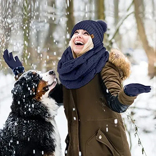 URATOT 4-In-1 Winter Warm Sets Knitted Scarf Touch Screen Gloves Beanie Pompom Hat and Winter Ear Warmer for Men or Women - 6