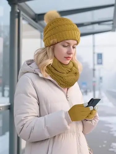 URATOT 4-In-1 Winter Warm Sets Knitted Scarf Touch Screen Gloves Beanie Pompom Hat and Winter Ear Warmer for Men or Women 