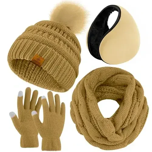 URATOT 4-In-1 Winter Warm Sets Knitted Scarf Touch Screen Gloves Beanie Pompom Hat and Winter Ear Warmer for Men or Women 