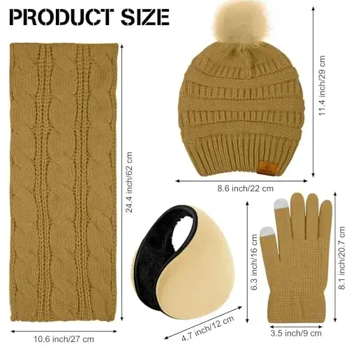 URATOT 4-In-1 Winter Warm Sets Knitted Scarf Touch Screen Gloves Beanie Pompom Hat and Winter Ear Warmer for Men or Women - 2