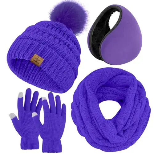 URATOT 4-In-1 Winter Warm Sets Knitted Scarf Touch Screen Gloves Beanie Pompom Hat and Winter Ear Warmer for Men or Women - URATOT