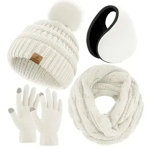 URATOT 4-In-1 Winter Warm Sets Knitted Scarf Touch Screen Gloves Beanie Pompom Hat and Winter Ear Warmer for Men or Women - MODAZONE