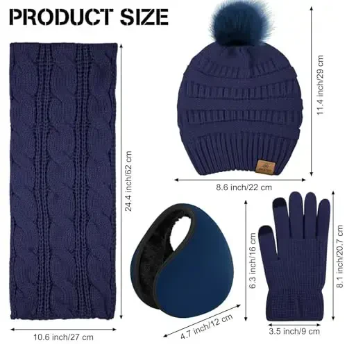 URATOT 4-In-1 Winter Warm Sets Knitted Scarf Touch Screen Gloves Beanie Pompom Hat and Winter Ear Warmer for Men or Women - 2