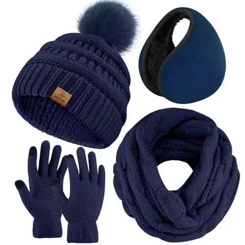 URATOT 4-In-1 Winter Warm Sets Knitted Scarf Touch Screen Gloves Beanie Pompom Hat and Winter Ear Warmer for Men or Women 
