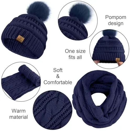 URATOT 4-In-1 Winter Warm Sets Knitted Scarf Touch Screen Gloves Beanie Pompom Hat and Winter Ear Warmer for Men or Women - 4