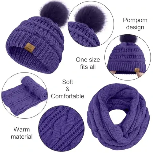 URATOT 4-In-1 Winter Warm Sets Knitted Scarf Touch Screen Gloves Beanie Pompom Hat and Winter Ear Warmer for Men or Women - 3