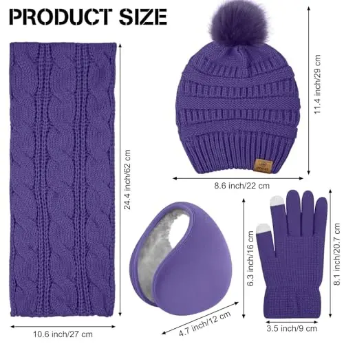 URATOT 4-In-1 Winter Warm Sets Knitted Scarf Touch Screen Gloves Beanie Pompom Hat and Winter Ear Warmer for Men or Women - 4
