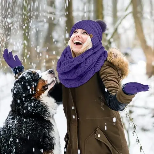 URATOT 4-In-1 Winter Warm Sets Knitted Scarf Touch Screen Gloves Beanie Pompom Hat and Winter Ear Warmer for Men or Women - 5