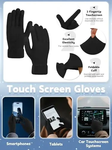 URATOT 4-In-1 Winter Warm Sets Knitted Scarf Touch Screen Gloves Beanie Pompom Hat and Winter Ear Warmer for Men or Women - 3