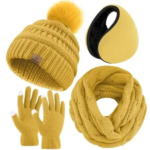 URATOT 4-In-1 Winter Warm Sets Knitted Scarf Touch Screen Gloves Beanie Pompom Hat and Winter Ear Warmer for Men or Women - URATOT