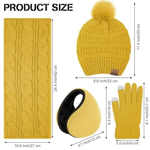 URATOT 4-In-1 Winter Warm Sets Knitted Scarf Touch Screen Gloves Beanie Pompom Hat and Winter Ear Warmer for Men or Women - 2