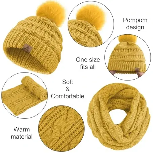 URATOT 4-In-1 Winter Warm Sets Knitted Scarf Touch Screen Gloves Beanie Pompom Hat and Winter Ear Warmer for Men or Women - 4